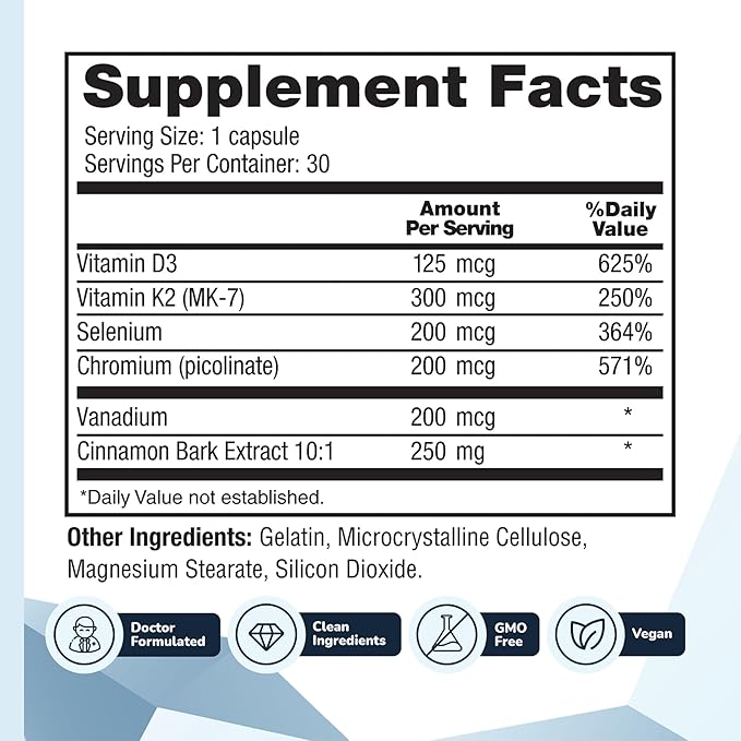 CinnaChroma Capsules - Cinnamon Supplements with 10:1 Extract, Chromium, Vanadium, Selenium, Vitamin D3 & K2 - Natural Sugar Blocker - 30 Capsules, 1 Month Supply