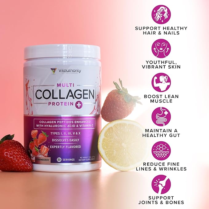 Multi Collagen Peptides Powder for Women - Hydrolyzed Flavored Collagen Powder for Women with Types I II III V & X Vitamin C & Hyaluronic Acid for Hair Skin and Nails (Pink Lemonade) - 30 Servings