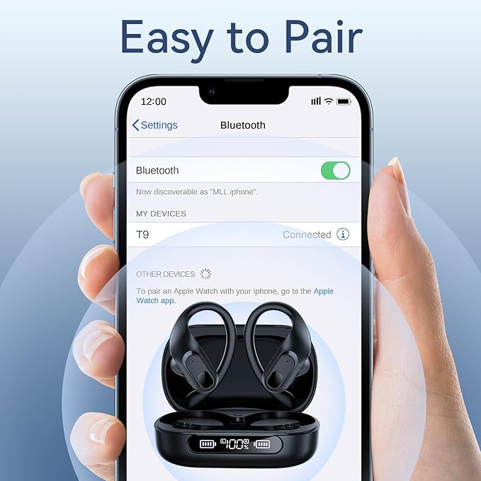 occiam Active Noise Cancelling Ear Buds Wireless Earbuds Bluetooth Headphones 96Hrs Playback LED Display Over-Ear Waterproof Earphones with Earhooks Mics Clear Call for Sport/Running/Workout Black