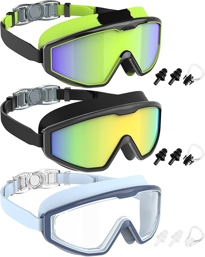 NSSIW Swim Goggles Swimming Kids-Goggles: Anti Fog No Leak with Nose Clip Earplugs for Girls Boys Youth 6-14 3 Pack