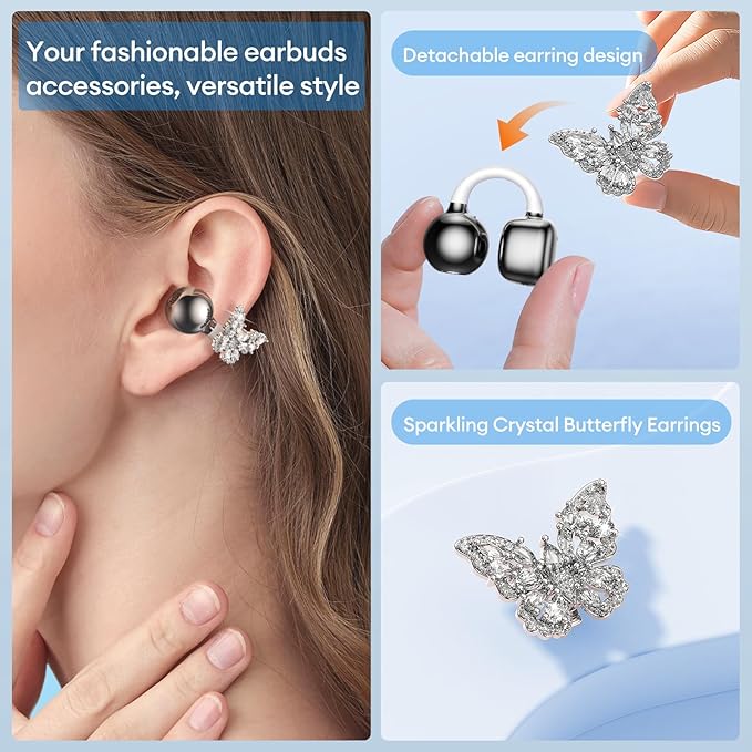 PAXA Bling Open Ear Clip On Earbuds with LED Display & Crystal Butterfly Earrings, Comfort Bluetooth 5.4 Wireless Ear Buds 50H Playtime for Women Girl Work, Fitness, Daily Wear, Gift, Silver