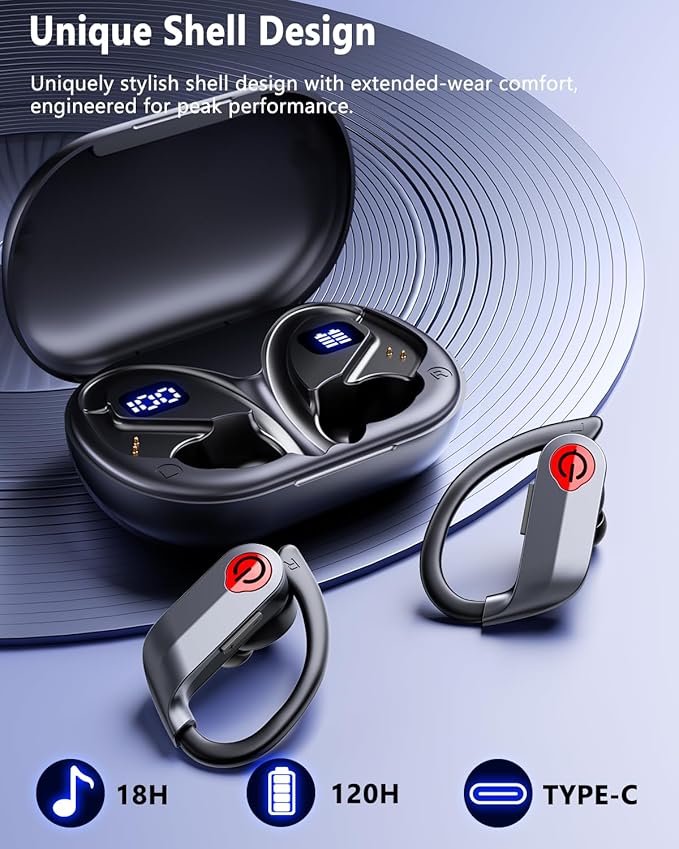 EUQQ Ear Buds Wireless Bluetooth Earbuds, Noise Cancelling Headphones 120H Playtime，IPX7 Waterproof Sports with Earhooks,LED Display Wireless Earphones for Running Gym Workout-Black