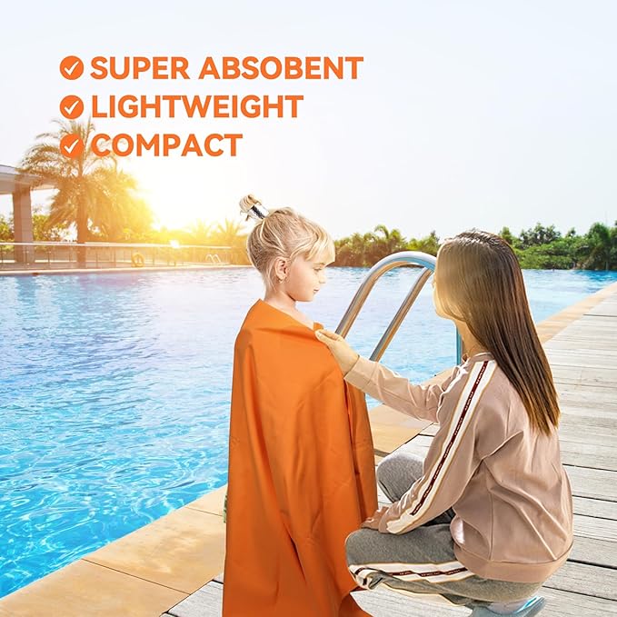 Microfiber Beach Towel-Perfect for Travel, Sports, Camping, Swimming, Yoga, Gym- Quick Dry, Sand Free, Compact, Lightweight, Absorbent (Orange,Large(160x90cm, 63x35”))
