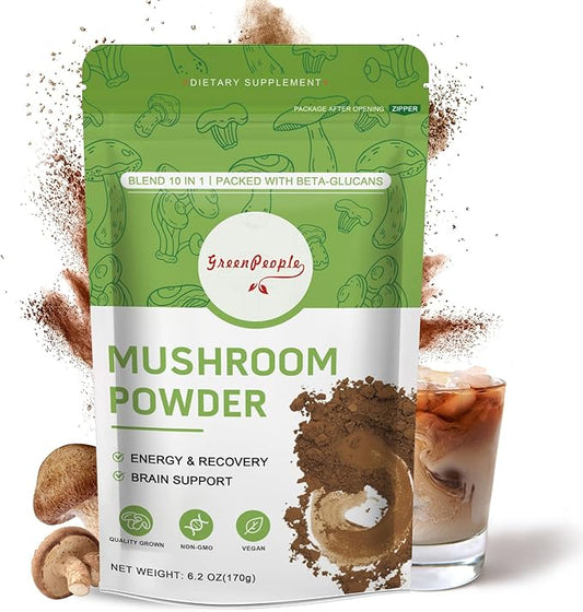 Mushroom Powder Mushroom Supplement - 10-in-1 Mushrooms Lions Mane Powder with Reishi/Cordyceps/Chaga/Turkey Tail/Maitake/Complex for Cognitive Function & Immune Support 60 Servings