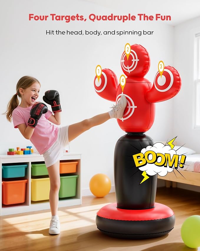 QPAU 360° Rotatable Kids Punching Bag - 64" Boxing Bag with 4 Targets & Kids Boxing Gloves, Inflatable Punching Bags with Hand Pump, Karate Taekwondo Training Gift Boys Girls