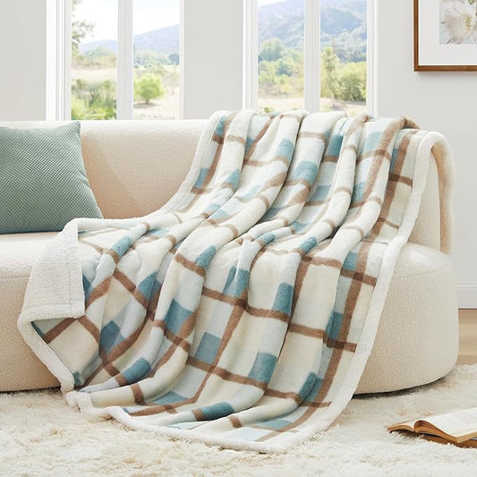 PU MEI Super Soft Faux Rabbit Fur Sherpa Fleece Throw Blanket, Reversible Luxury Cozy Cute Furry Blanket, Plush Warm Shaggy Fluffy Checkered Blankets for Sofa Couch Bed (Green-Plaid, 80" x 90")