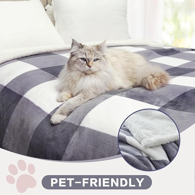 PU MEI Sherpa Blanket Fleece Throw Blanket Twin Plaid Thick Bed Blanket, Soft Warm Cozy Grey Checkered Throw Blanket 60"*80"