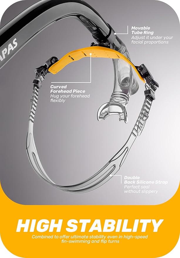 CAPAS Training Swim Snorkel for Lap Swimming, Swivel Headband Ultimate Fit Center-Mount Swimmers Snorkel with Liquid Silicone Mouthpiece Adjustable Strap, Designed for Adult Men Women