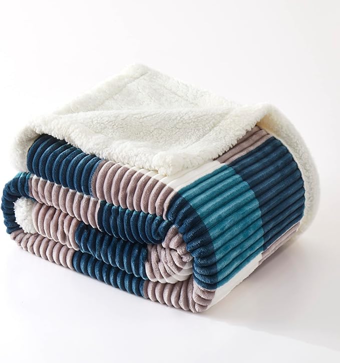 PU MEI Sherpa Blanket Twin Plaid Thick Bed Blanket, 60”*80” Super Soft Flannel Fuzzy Fleece Reversible Velvet Plush Warm Blanket for Couch (Teal Check, 60"*80")