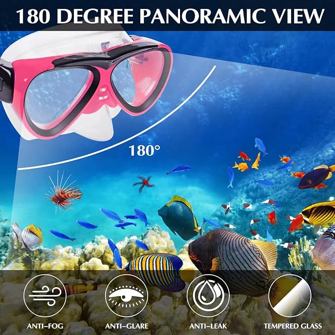 GreenLF Kids Snorkel Set, Anti-Fog Snorkeling Mask with Nose Covers for Youth Junior Child, Boys & Girls Age 5-12, Semi-Dry Diving Scuba Swimming Goggles Gear Packages