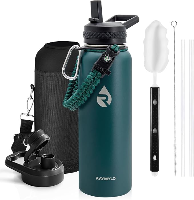 Insulated Water Bottle 40 oz, Triple Wall Vacuum Stainless Steel (Cold for 48 Hrs), Leak Proof & Non-BPA, Modern Water Flask Jug with Paracord Handle & Straw Spout Lids, Dark Green