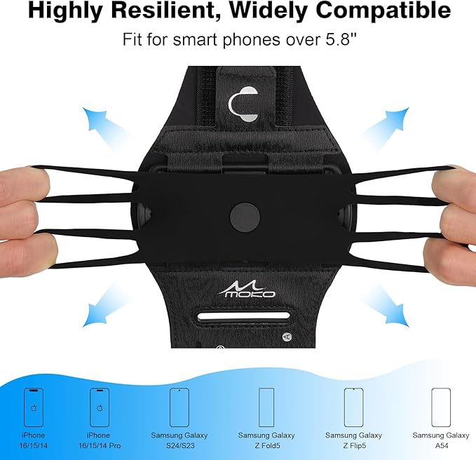 MoKo Running Armband 360°Rotatable for iPhone 16 15 14 13 Pro Max Plus Samsung Galaxy Note S24 S23 Fits Smartphones Over 5.8'', Detachable Armband Phone Holder for Running Biking with Key Holder
