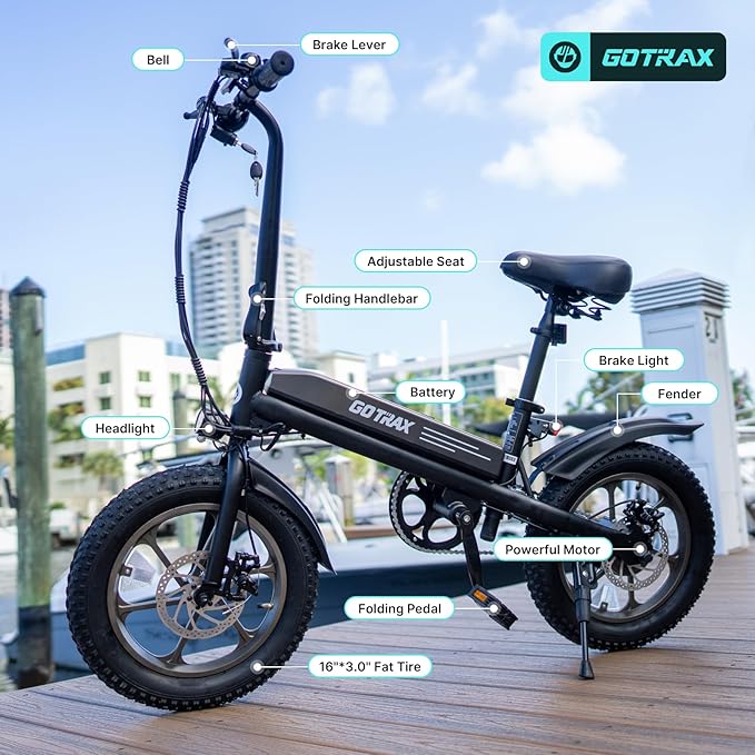 Gotrax S3 Electric Bike, 16x3.0 Fat Tire Electric Bicycle Adults, 750W Peak Motor, Max Range 25 Miles, Up to 20 Mph, Removable Battery, Adjustable Seat, Folding Electric Bike for Adults/Teens 13+