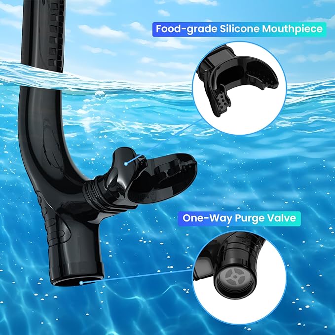 Swimmer's Snorkel for Lap Swimming, Adult Snorkeling Gear Swim Training, Center-Mount Silicone Mouthpiece One-Way Purge Valve in Pool and Open Water