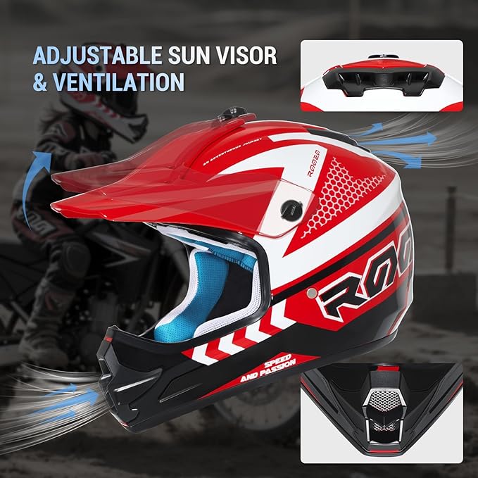 Youth Dirt Bike Helmet DOT Certified - Full Face Motorcycle Helmet for Off-Road, ATV, Street Riding, Includes Adjustable Goggles & Protective Gloves