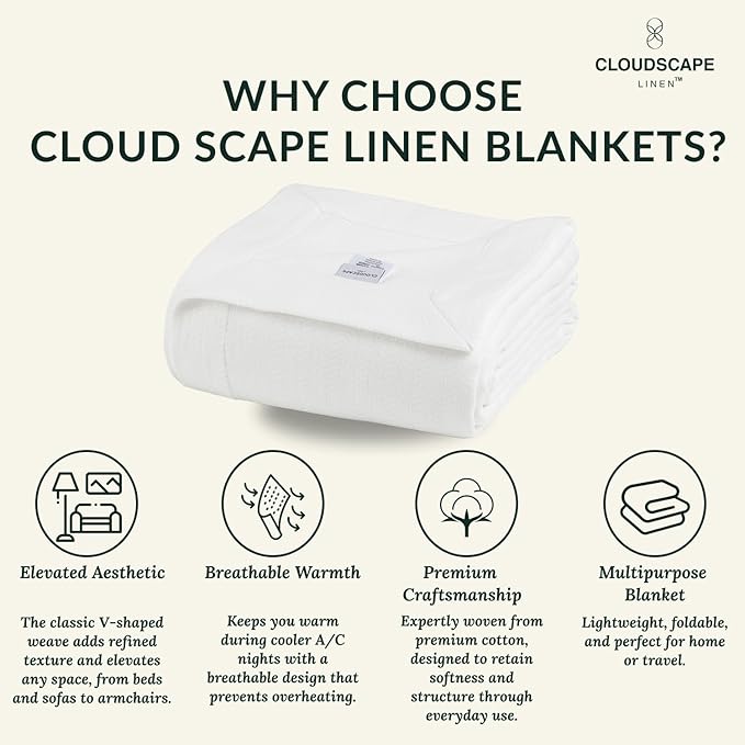Cloud Scape Linen 100% Cotton Queen Size Blanket, Herringbone Pattern, Lightweight Summer Blanket,Best Gifts for Women, fits Full Size Bed, 92 x 92, White