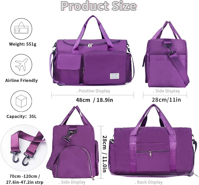 FIORETTO Women's Gym Duffle Bag with Shoes Compartment, 37L Capacity, Ideal for Travel, Gym, Sports, Duffel, Weekender