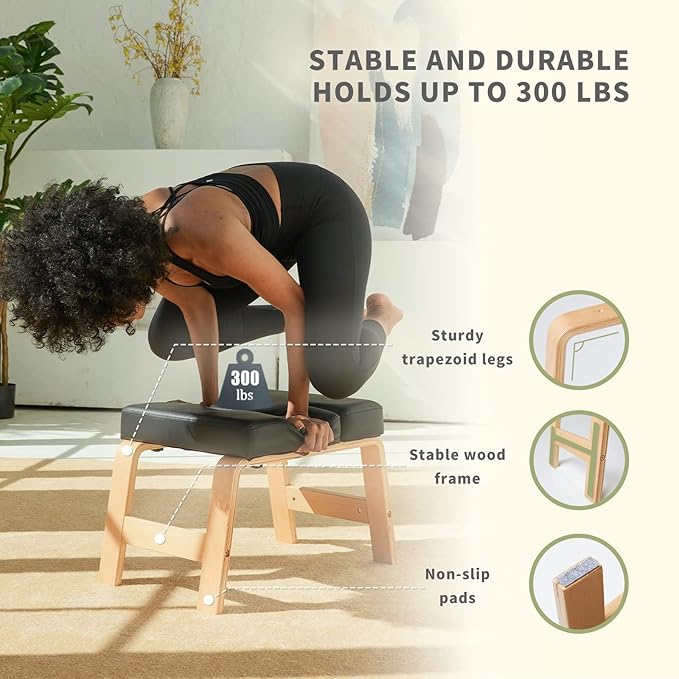 Yoga Headstand Bench- Stand Yoga Chair for Family, Gym - Wood and PU Pads - Relieve Fatigue and Build Up Body (Multi-Color)
