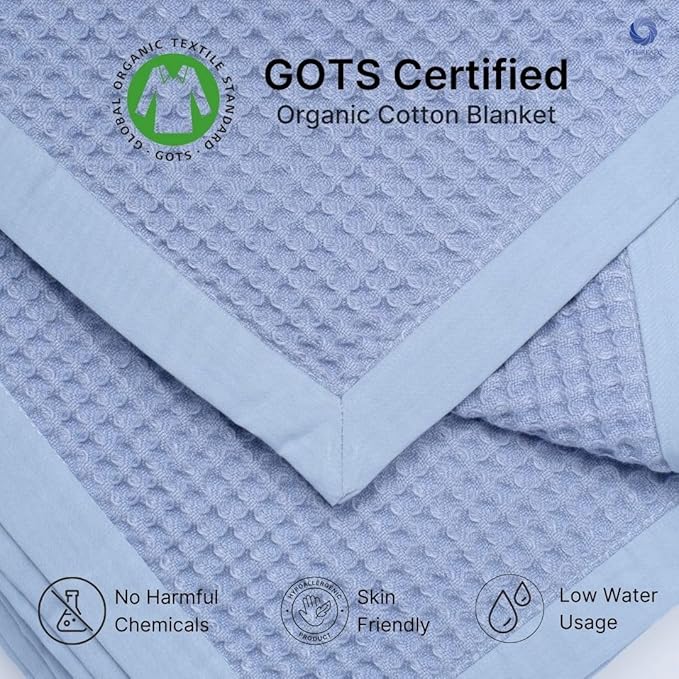 GOTS Certified Organic Cotton Waffle Weave Blanket, Queen Bed Size, 90"X90"Cozy Throw Blanket for Couch, Modern Home Decor, Throw Blankets, Waffle Blanket, Soft Bed Blankets - Powder Blue
