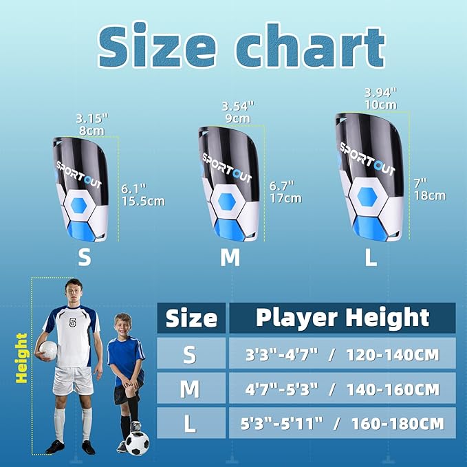 Sportout Soccer Shin Guards - Shin Guards Soccer Kids Youth Adult Protective Shin Pads with Sleeves and Insert Pocket for Boys Girls for Age 4-6, 6-8, 8-10,10-12,12-14,14-Adult