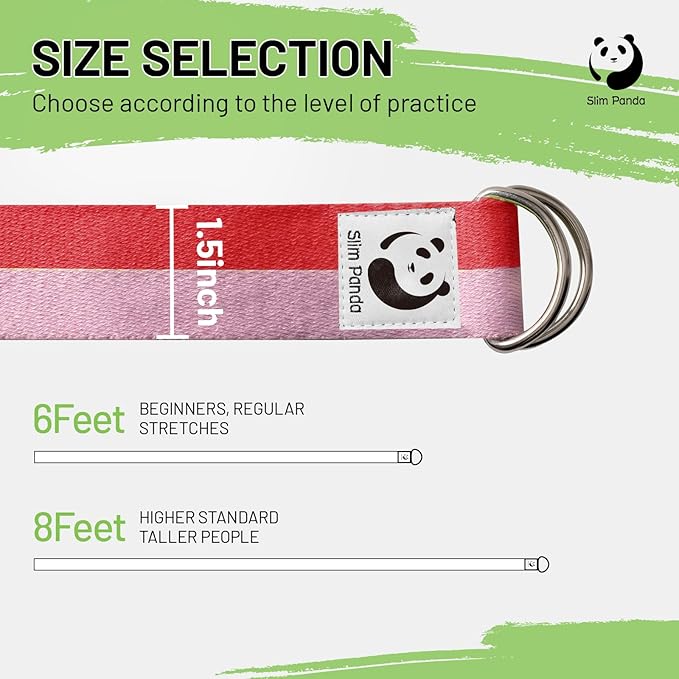 Slim Panda Yoga Strap for Stretching,Cotton Yoga Strap with Adjustable D-Ring Buckle,Non-Elastic Yoga Belt for Pilates,Gym Workouts,Physical Therapy,Improve Flexibility