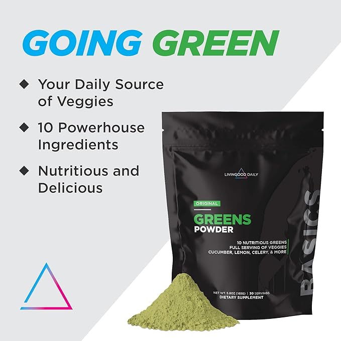 Livingood Daily Basic Greens Powder, Super Greens Drink Mix with Spirulina, Broccoli, Kale, Wheat Grass & Chlorella, Organic Vegetable Blend, Vegan, Gluten Free, Non GMO, 30 Servings