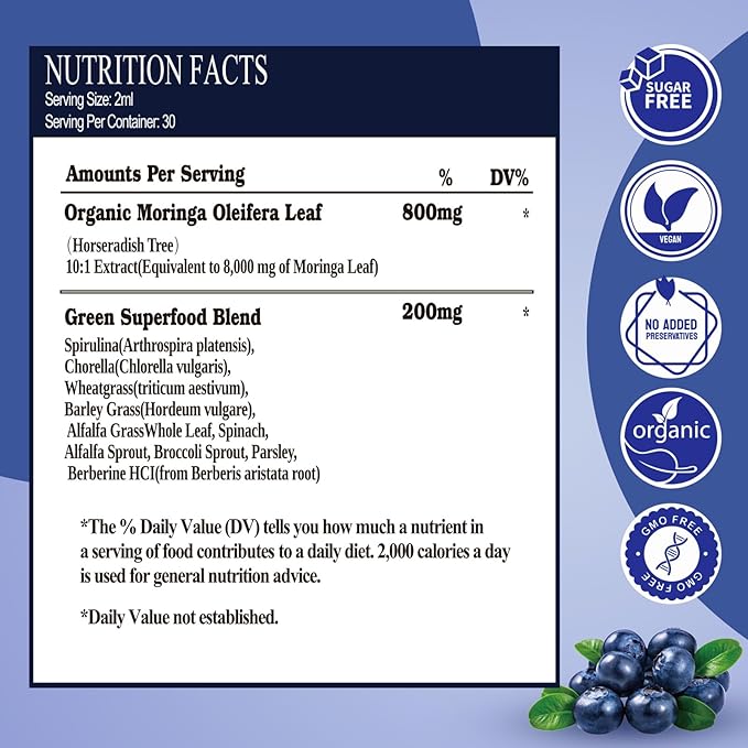Raw Moringa Liquid Drops 8000 mg, Organic Moringa Oleifera Leaf Extract w. Supergreens Blend of Wheatgrass, Barley Grass for Antioxidant, Energy & Immune, High Potency Than Capsules Powder