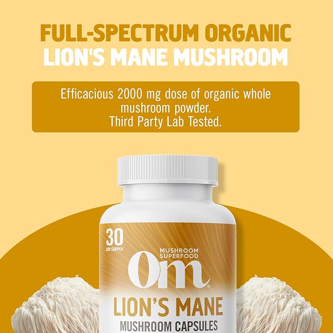OM MUSHROOM SUPERFOOD Lion's Mane Mushroom Capsules Superfood Supplement, 90 Count, 30 Day Supply, Fruit Body and Mycelium Nootropic for Memory, Focus, Nerve Health and Immune Support