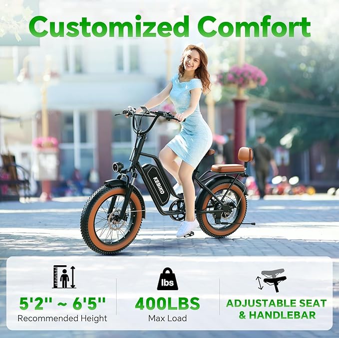 2 Seater Electric Bike, 48V 20AH(𝟗𝟔𝟎𝐖𝐇) Large Removable Battery, 𝟏𝟑𝟎𝟎𝐖 Peak Motor, 20"x 4.0" Fat Tire Ebike for Adults, 80+Miles Max,30+MPH, City Couple E Bike for All Terrain