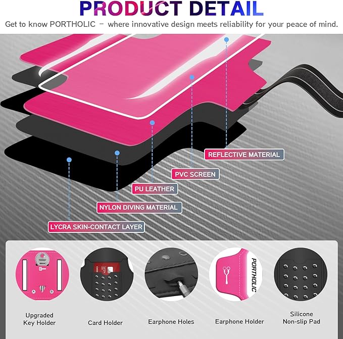 PORTHOLIC 2025 Running Armband Water Resistant Sports Phone Holder Case with Extension Strap, Key Card Slot Up to 6.9" Phone for iPhone 17/16/15/14/13 Plus Air Pro Max XR/XS, Galaxy S25/24/S10