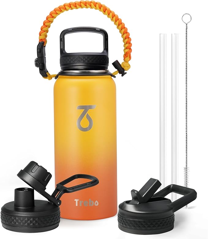 Trebo 32oz Water Bottle Insulated with Lid and Straw,Double Wall Vacuum Stainless Steel Metal Tumbler Sports Flask with Paracord Handle, Keep Hot 24 Hours & Cold 48 Hours Water Cup with 3 Lids, Orange