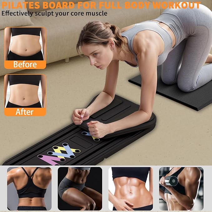 Pilates Reformer Board, 6 in 1 Portable & Foldable Pilates Reformer Set with Resistance Bands, Pilates Board for Home Workout, Multifunctional Abdominal Board