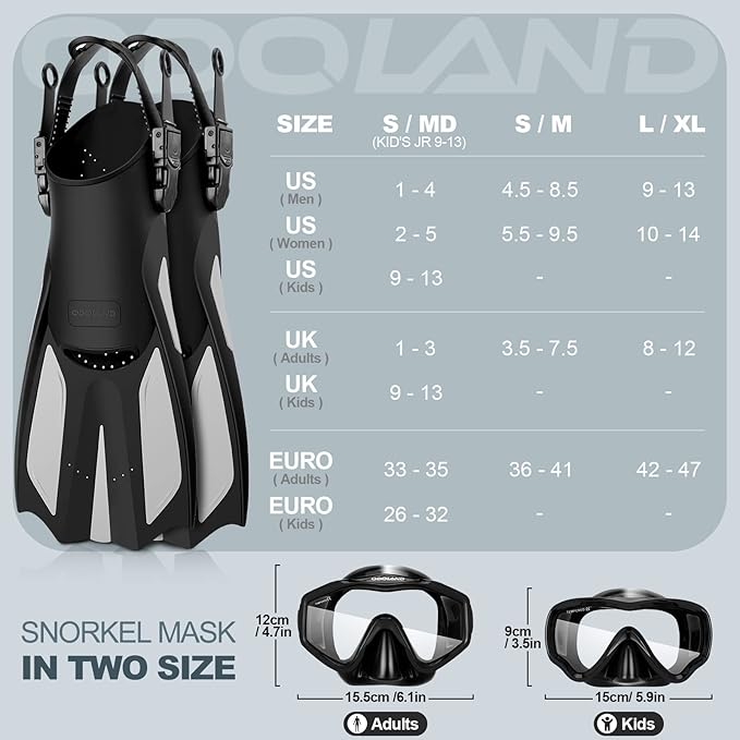 Odoland Kids Snorkeling Packages Snorkel Set, Dry Top Snorkel Mask with Adjustable Swim Fins for Boys and Girls Age 7-14