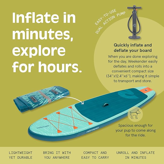 Retrospec Weekender Inflatable Stand Up Paddle Board Includes Paddle, Pump, and Accessories 10’6” Lightweight iSUP, Puncture Resistant Inflatable Paddle Board for Adults