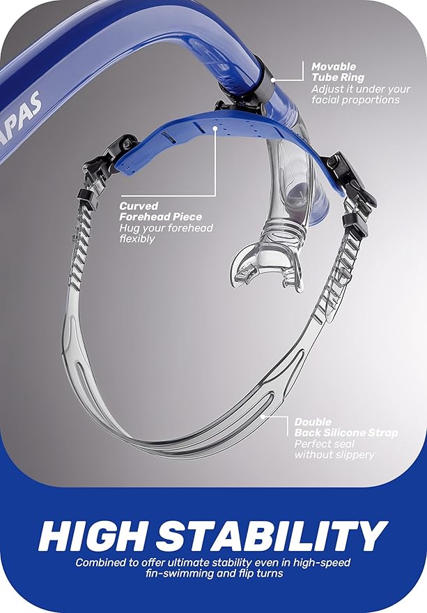 CAPAS Training Swim Snorkel for Lap Swimming, Swivel Headband Ultimate Fit Center-Mount Swimmers Snorkel with Liquid Silicone Mouthpiece Adjustable Strap, Designed for Adult Men Women
