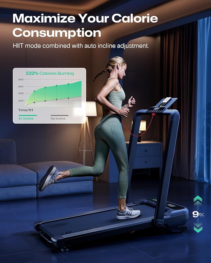 Smart Treadmill with 9% Auto Incline, Hiking and Running Walking Pad Treadmills for Home Office, Treadmill with UREVO APP, AI Powered Music Course, HIIT Programs Synced to Scenic Route, One-Click Mute