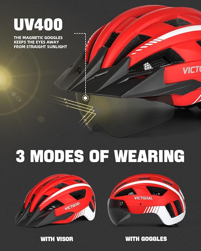 VICTGOAL Bike Helmet for Men Women with Led Light Detachable Magnetic Goggles Removable Sun Visor Mountain & Road Bicycle Helmets Adjustable Size Adult Cycling Helmets