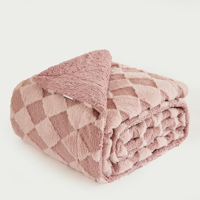 PU MEI Luxury Faux Fur Rabbit Fur Throw Blanket Pink 90"x80",Plush Reversible Sherpa Blankets,Queen Fuzzy Elegant Blanket Thick Throws for Bed,Washable Bedding Accent Blankets for Sofa Couch Chair