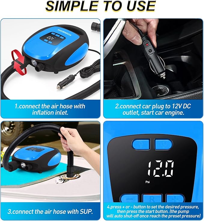 Paddle Board Pump Electric Portable, SUP Pump for Paddleboard, 20PSI Air Compressor with Auto-Off, Deflation Function and 12V DC Car Connector for Inflatables, Kayaks and Boats