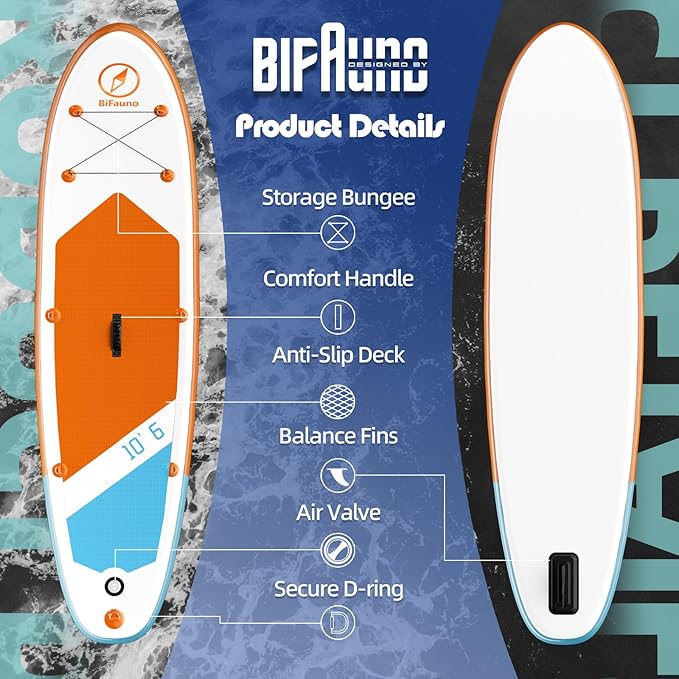 Inflatable Stand Up Paddle Board with SUP Accessories & Backpack. Paddle Boards for Adults. Non-Slip Deck, Wide Stance, Bottom Fin, Double Action Pump.