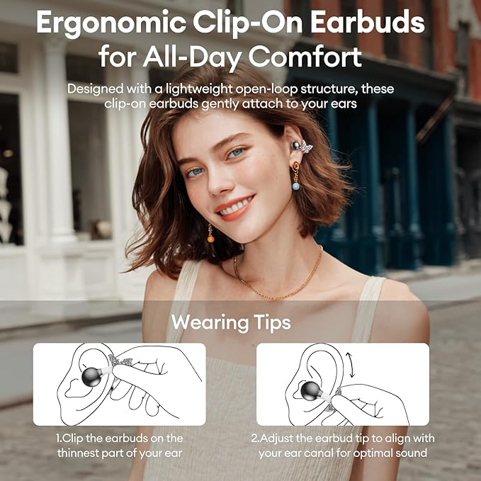 PAXA Bling Open Ear Clip On Earbuds with LED Display & Crystal Butterfly Earrings, Comfort Bluetooth 5.4 Wireless Ear Buds 50H Playtime for Women Girl Work, Fitness, Daily Wear, Gift, Silver