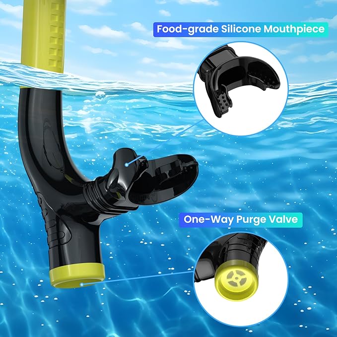 Swimmer's Snorkel for Lap Swimming, Adult Snorkeling Gear Swim Training, Center-Mount Silicone Mouthpiece One-Way Purge Valve in Pool and Open Water