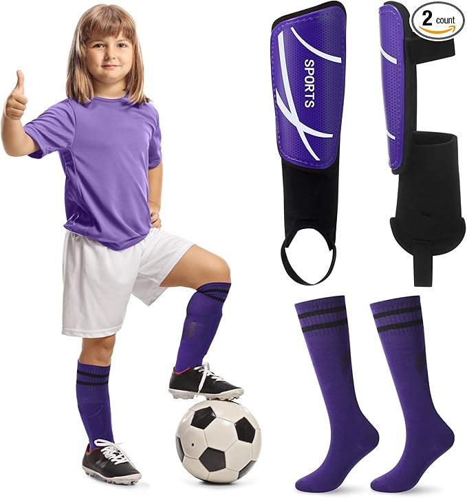 Soccer Shin Guards and Socks Kids Youth Lightweight Soccer Pads Defender with Ankle Protection Ski Shin Guards Football Equipment for Age 4-14 Toddler Boys Girls Teens