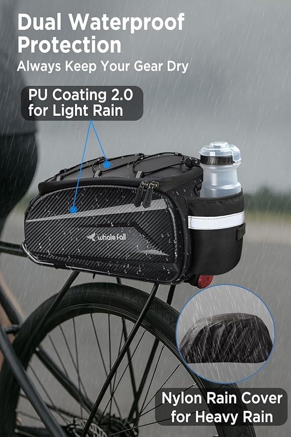 whale fall 10L Bike Rack Bag – Hard-Shell Waterproof Rear Trunk Pannier with Rain Cover, 4-Side Reflective Panels, Bike Accessories for Commuter, Road, Mountain, E-Bike