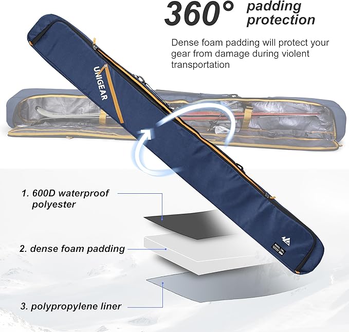 Unigear Ski Bag for Air Travel, 360° Fully Padded Protection, Water-Resistant and Durable up to 192cm for Snow Air Travel Transport