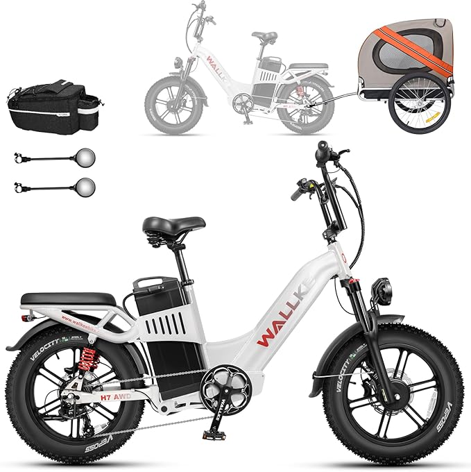W Wallke H7 AWD Dual Motor Electric Bike for Adult, 48V 60Ah/40Ah Removable Battery, Long Range 32-34MPH Fast Ebike, 20" Fat Tire Mountain Offroad All Terrain Full Suspension E-Bicycle, UL2849 List