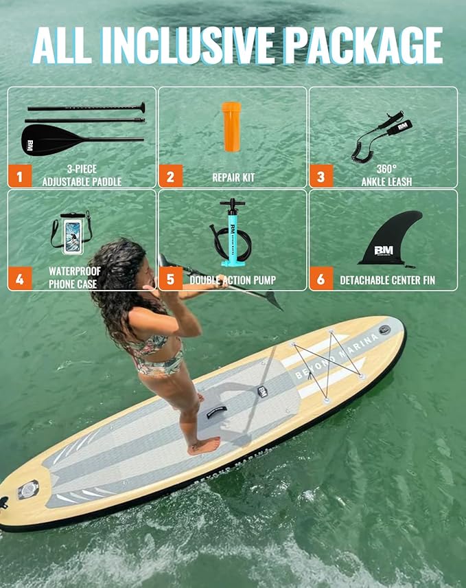 BM Paddle Board Inflatable Stand Up Paddle Board, SUP Paddleboard for Adult, Premium Accessories | Non-Slip EVA Deck & Foam Handles, Camera Mount, Double Action Pump, 85L Travel Backpack