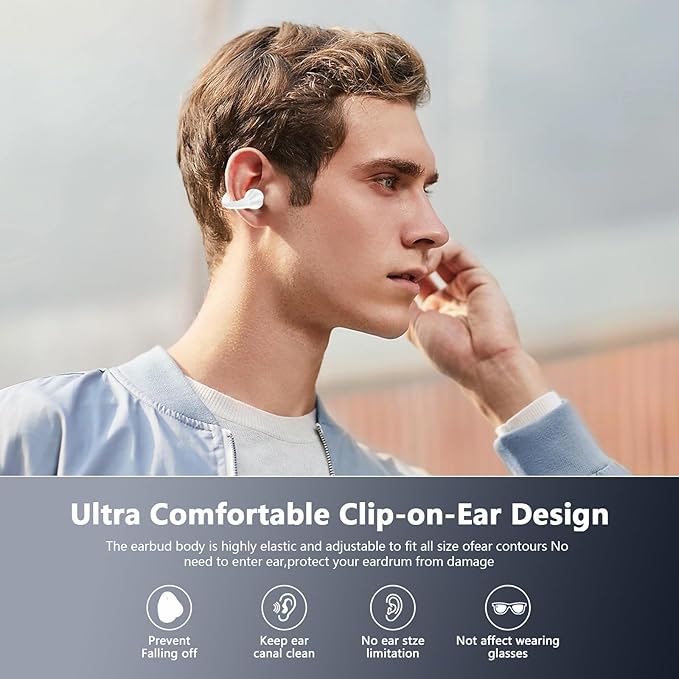 Open Ear Bone Conduction Headphones Bluetooth 5.3 Clip On Earbuds with Digital Display Charging Case 60 Hours Playtime Sport Earphones Built-in Mic IPX7 Waterproof for Running Fitness White