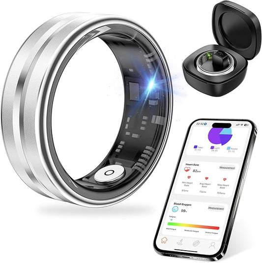 Thin Smart Ring for Fitness & Health Tracking -Heart Rate/Blood Oxygen Monitor, 5ATM Waterproof, Sleep Analysis, Pedometer -No APP Subscription Compatible with Smartphone (Silver, 8)