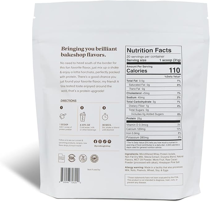 ProDough Gourmet Whey Isolate Hydrolized Protein Powder for Shake Mix- Easy Digest Enzyme Blend, 25g Protein per Serving, Natural Ingredients, Gluten Free, Keto Friendly (Horchata)